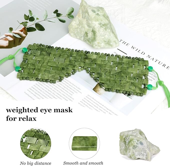 Jade Eye Mask, 2Pcs Large Facial Cooling Mask with 100% Real Jade for Hot & Cold Therapy,Green Jade Facial Eyes Sleeping Mask Relief Eye Cover by LazyGa