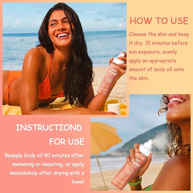 Broad Spectrum SPF 50 Sheer Body Sunscreen Setting Mist Sunscreen Body Glow Oil Spray for Face & Body with Gold Mica Sun-kissed Glow Skin Illuminator Hydrating Non-Greasy (A)