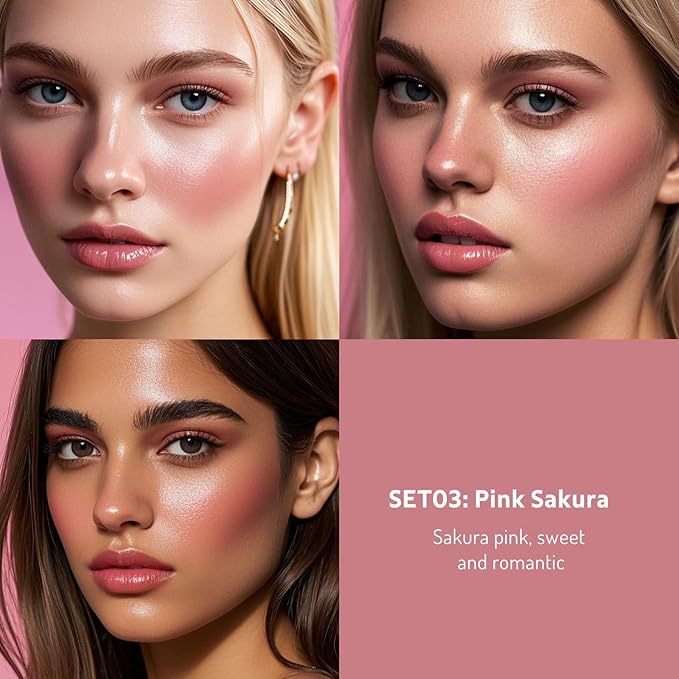 Multi Cream Blush & Blush Brush Set, Korean Makeup Blush for Cheeks, Multi-Use Face Balm, Lightweight & Hydrating, Blendable Color, Non-Greasy, Soft Bristles for Radiant Finish (Pink Sakura)