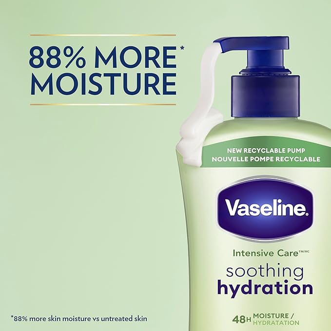 Vaseline Intensive Care Body Lotion for Dry Skin Soothing Hydration Lotion Made with Ultra-Hydrating Lipids + 1% Aloe Vera Extract to Refresh Dehydrated Skin 20.3 oz, Pack of 3 (packaging May Vary)