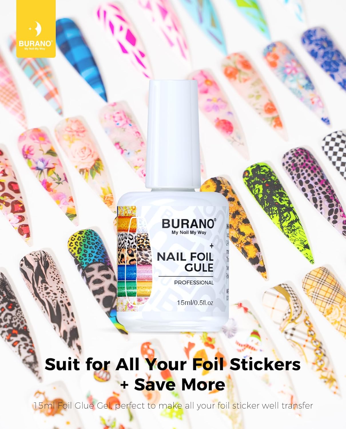 BURANO Nail Art Nail Foil Glue Gel, o.5 oz with 10PCS Foil Stickers Set Nail Foil Glue for Nails Foil Transfer Gel, Nail Design DIY UV LED Lamp Required (Flower Foil 10)