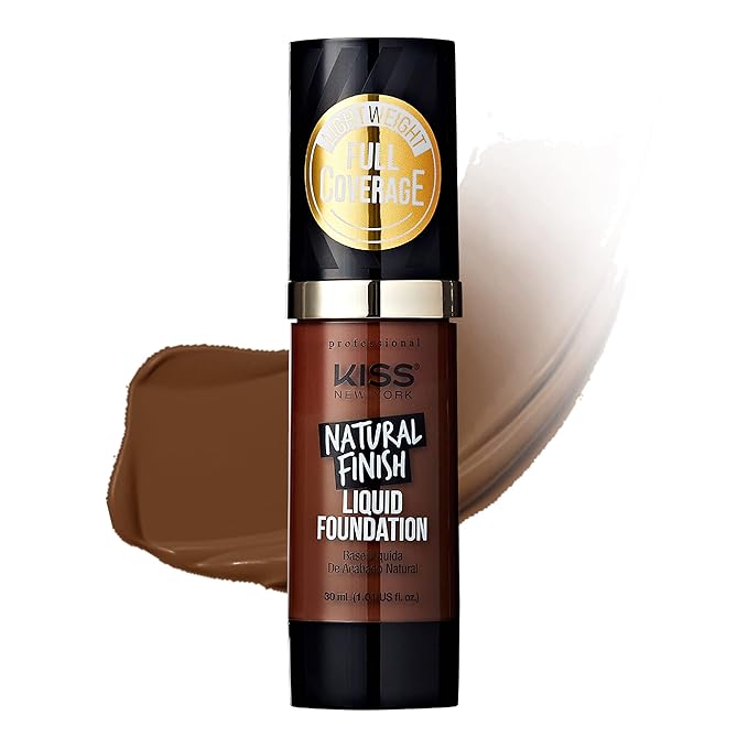 Kiss New York Professional Liquid Foundation - Lightweight and Hydrating Formula, Natural Finish, Control Shine, Cover Pores, Medium to Full Coverage, Green Tea Extract (Cognac)