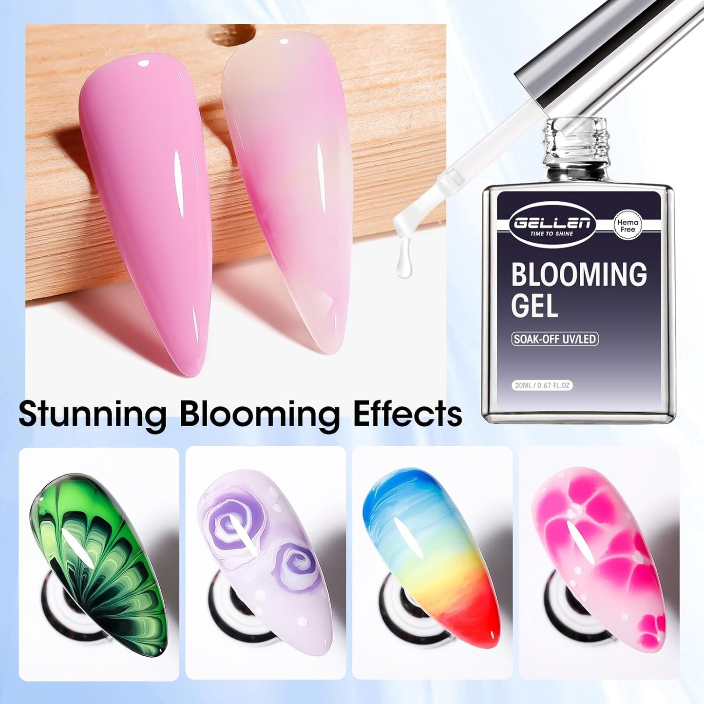 GELLEN 20ML Blooming Gel, Hema Free Blooming Gel Nail Polish, Soak off Clear UV LED Blossom Nail Gel for Spreading Effect, Marble Watercolor Floral Nail Art Design, DIY Manicure Gift for Women