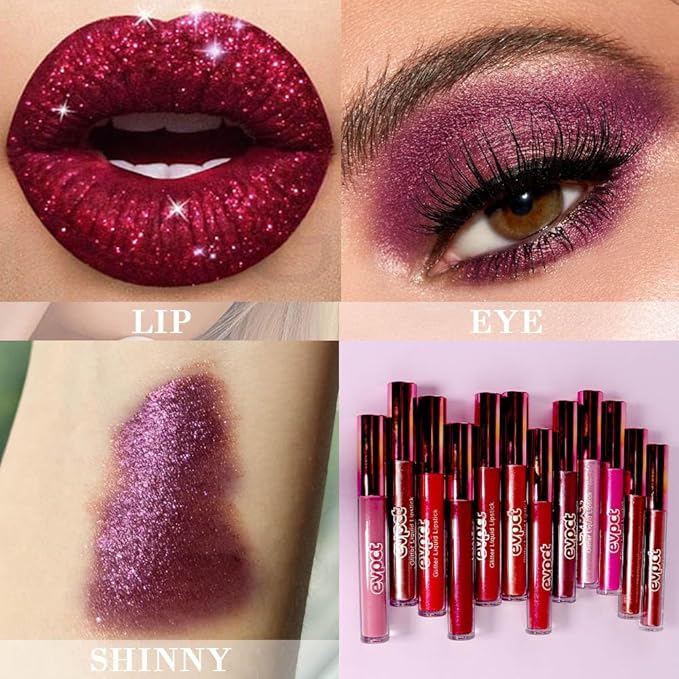 evpct 2Pcs Red Glitter Metallic Shimmer Diamond Lipstick Lip Gloss Stain Set for Women Long Lasting Waterproof, Dark Hot Bright Red Sparkle Glitter Matte long wear Liquid Lipstick Lip Makeup Kit