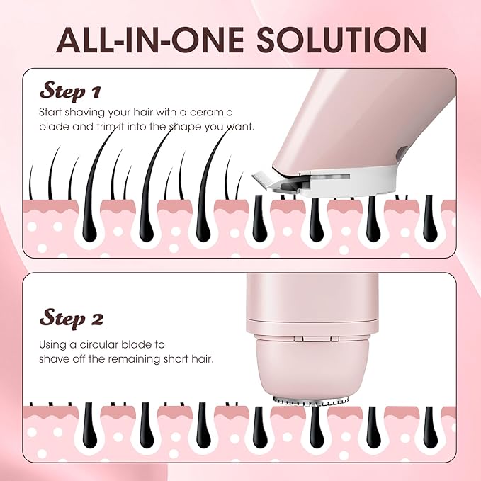 Lanumi 2 in 1 Electric Shaver Dual Head Bikini Trimmer Women IPX6 Wet Dry Pubic Hair Trimmer Rechargeable Body Facial Hair Remover for Face Lip Chin Underarm Legs (Pink)