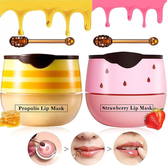 2 Pcs Lip Balm Honey Pot Lip Treatment Overnight Lip Sleeping Balm Strawberry Honey Pot lip Mask Moisturizing Exfoliating Prevent Dry & Cracked Diluting Lip Lines (Honey & Strawberry)