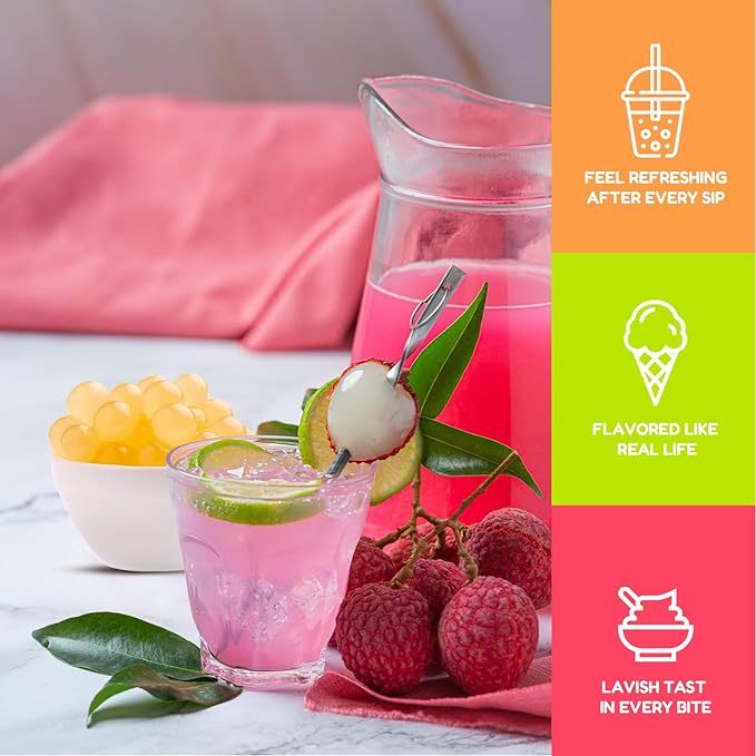 Fanale Lychee Popping Boba Pearls, Vegan, Non GMO, Gluten Free, Fat Free, Perfect for Bubble Tea, Smoothies, Ice Cream, Desserts, and Beverages 1lb x 12.