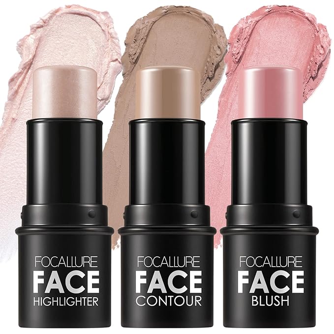 FOCALLURE 3 Pcs Cream Contour Sticks,Shades with Highlighter & Bronzer & Blush,Non-greasy Long-wear Face Contouring Pen,Easy to Sculpt the Face and Create a Lightweight Finishing Makeup,FAIR