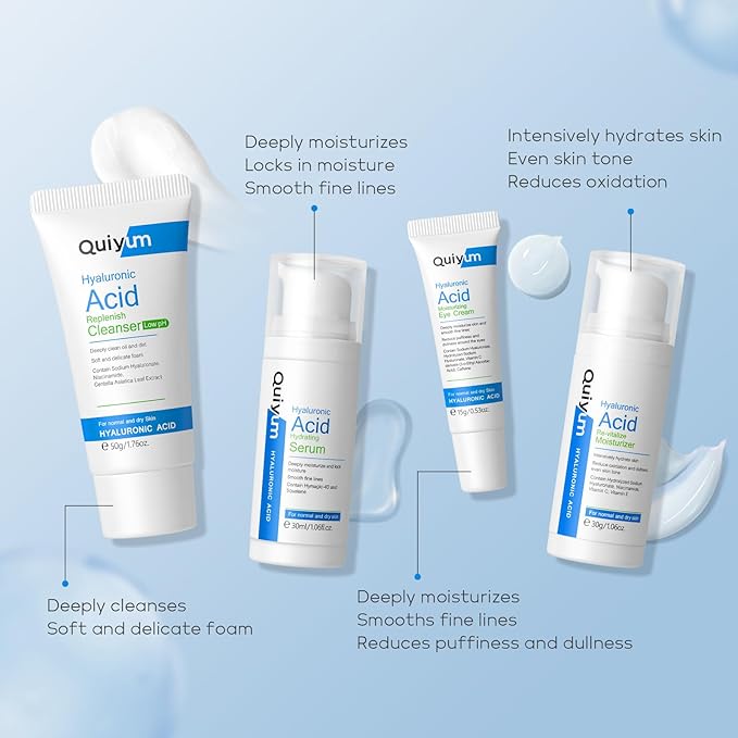 Skin Care Set, Hyaluronic Acid Travel Size Skincare Set W/ Low pH Cleanser, Moisturizer, Serum, Eye Cream, Toiletry Bag, Face Care Set Gift for Women Girls, Hydrating Anti Aging for Dry Skin