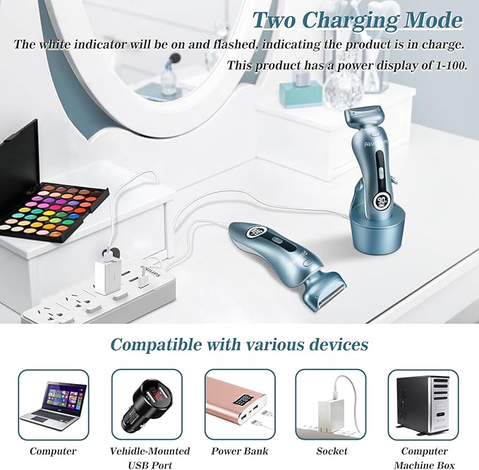 Electric Razors for Women for Legs Bikini Trimmer Electric Shaver for Women Underarm Public Hairs Rechargeable Womens Shaver Wet Dry Use Painless Cordless with Detachable Head (Blue)