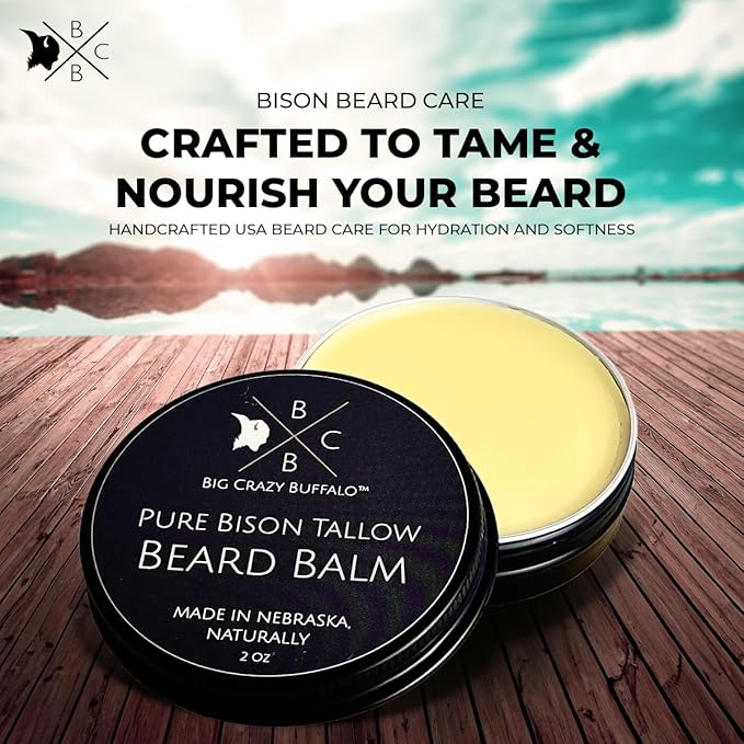 Pure Bison Tallow Beard Gift Set - Shave Bar, Beard Balm, Unscented Lip Balm - Conditions, Strengthens, Moisturizes, Soothes, Softens, Naturally Derived, No Dyes, Naturally Derived
