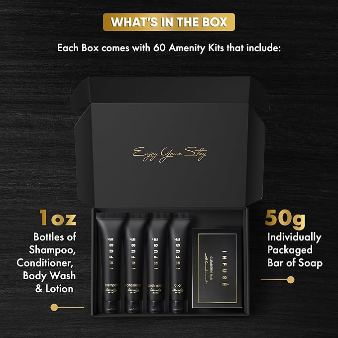 Infuse Black Amenity Kit | Boxed Hotel Toiletries | Bulk Set 1 oz Travel Size Shampoo, Conditioner, Lotion, Body Wash & Cleansing Bar for Guest Hospitality AirBnB/Vacation Rentals | 300 Pieces