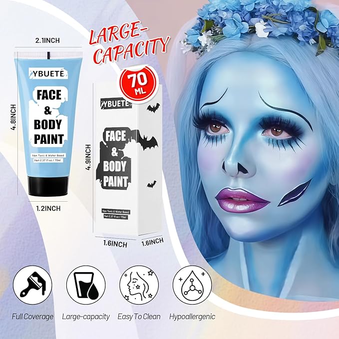 Light Blue Water Based Face Body Paint, 2.37 OZ Large Tube Full Coverage Face Paint for Corpse Bride Avatar Mermaid Cosplay Makeup,Washable Blue Body Painting for Adult Halloween SFX Makeup