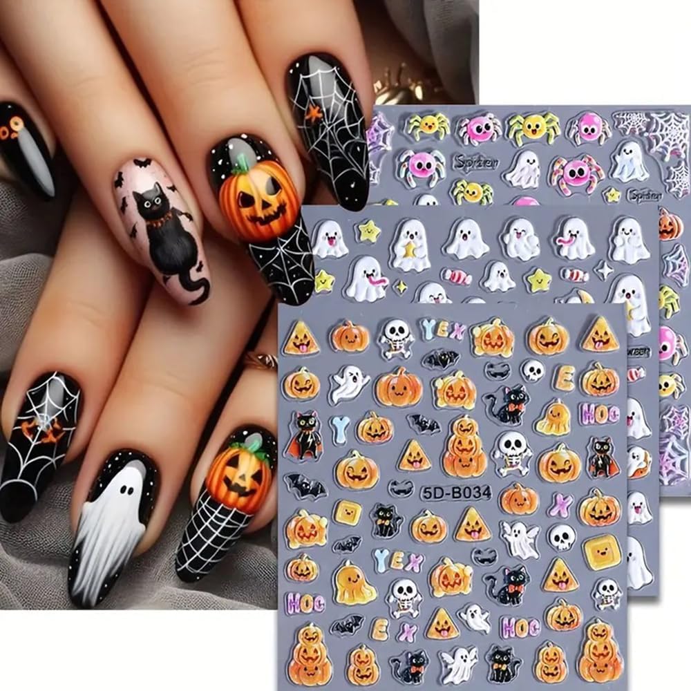 5D Embossed Halloween Nail Stickers 5D Self-Adhesive Bat Skull Pumpkin Nail Supplies Cute Little Ghost Nail Decals Kawaii Spider Spider Web Nails Designs for Women Holiday DIY Manicure 3 Sheet