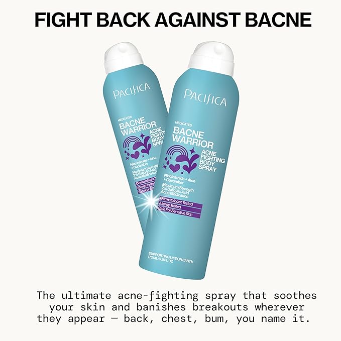 Pacifica Bacne Acne Cleanser Spray - Bacne Warrior - Body Spray for Acne Treatment - w/ 2% Salicylic Acid Niacinamide & Aloe - for Body, Chest & Back Acne for Teens & Adults Vegan Dermatologist Tested