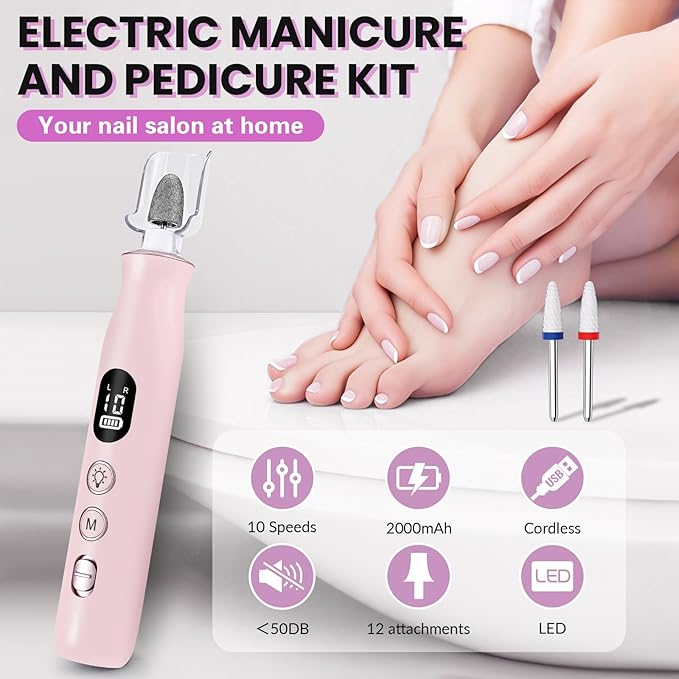 Electric Nail Drill, Cordless 2000 mAh Rechargeable Portable Nail File 12 in 1 Kit for Thick Toenails, 10 Speeds Nail Dril Machine Professional Manicure Pedicure for Hand Natural Nails Care (Pink)