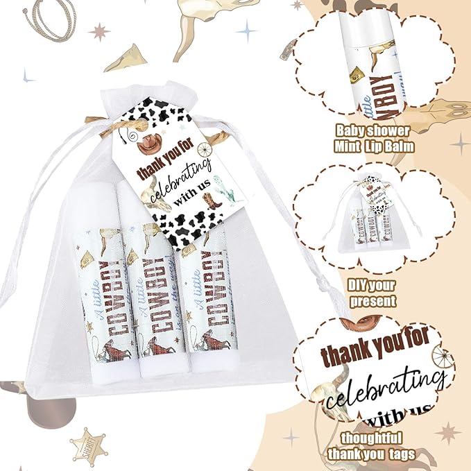 Demissle 50 Pcs Baby Shower Lip Balm Gift Set with 100 Pcs Organza Bags Baby Shower Party Favor for Guest Thank You Tag Rope Baby Shower Party Decoration Gender Reveal Souvenirs (Cowboy)