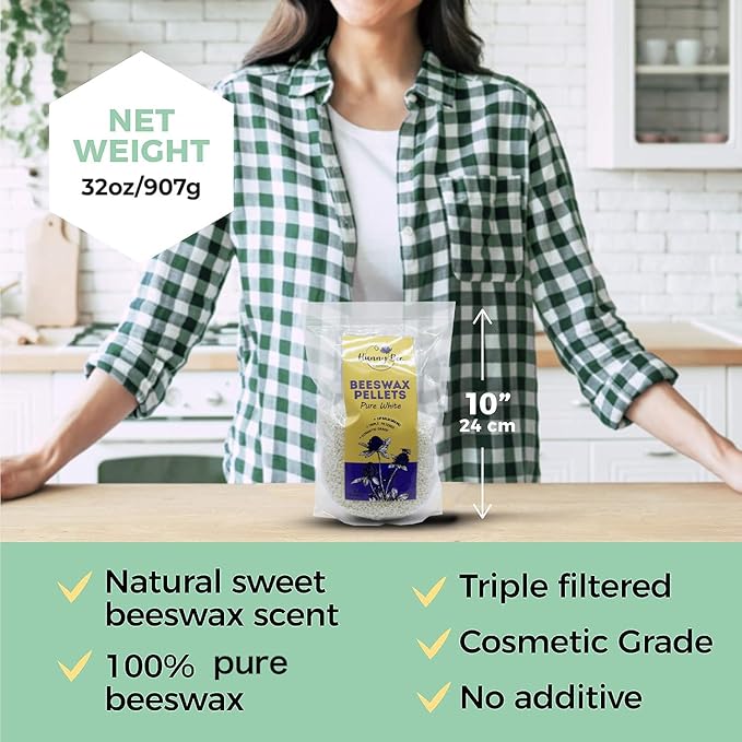 HUNNYBEE Beeswax Pellets 2LB, 100% Pure Bees Wax for DIY Candles, Skin, Body Cream, Face, and Hair Care, Lotions Deodorant, Lip Balm and Soap Making (Yellow, 2 lbs)