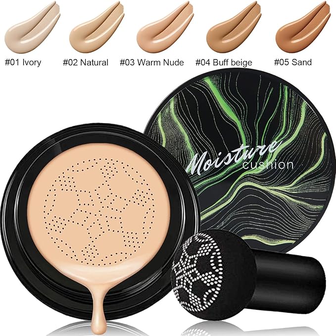 PHOERA Foundation,Mushroom Head Air Cushion CC Cream Natural Foundation,PHOERA Makeup Foundation Full Coverage,Phoera Face Primer, Foundation Brush (105 Sand + 05 Sand CC)