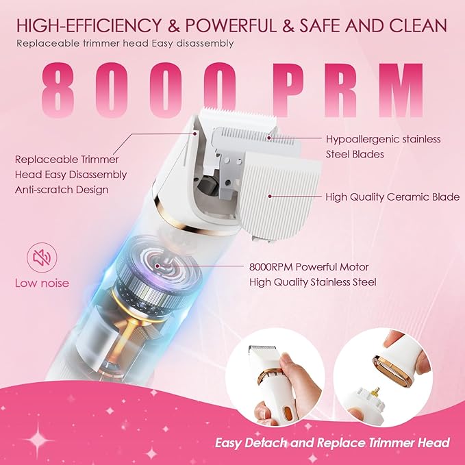 Bikini Trimmer for Women - 5 in 1 Electric Razors for Ladys Pubic Facial Nose Body Leg Hair Removal, Waterproof Electric Shaver for Women Private Area Sensitive Skin, Personal Hair Trimmer