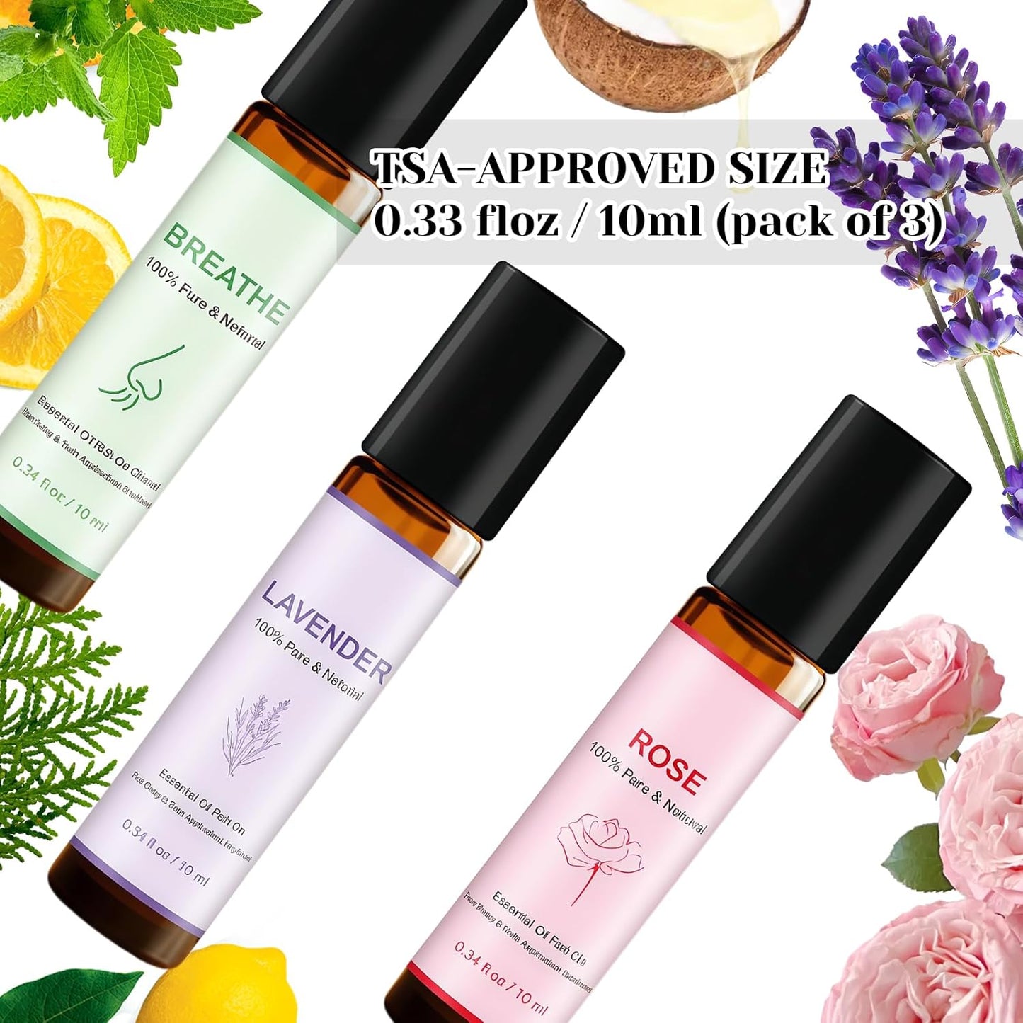 Coastacloud Essential Oils Blend Roll On Set of 3, Essential Oil Roller for Skin, Natural Aromatherapy Oils - Self Care Gifts for Women, Men, Nurse Essentials (Lavender, Breathe, Rose)
