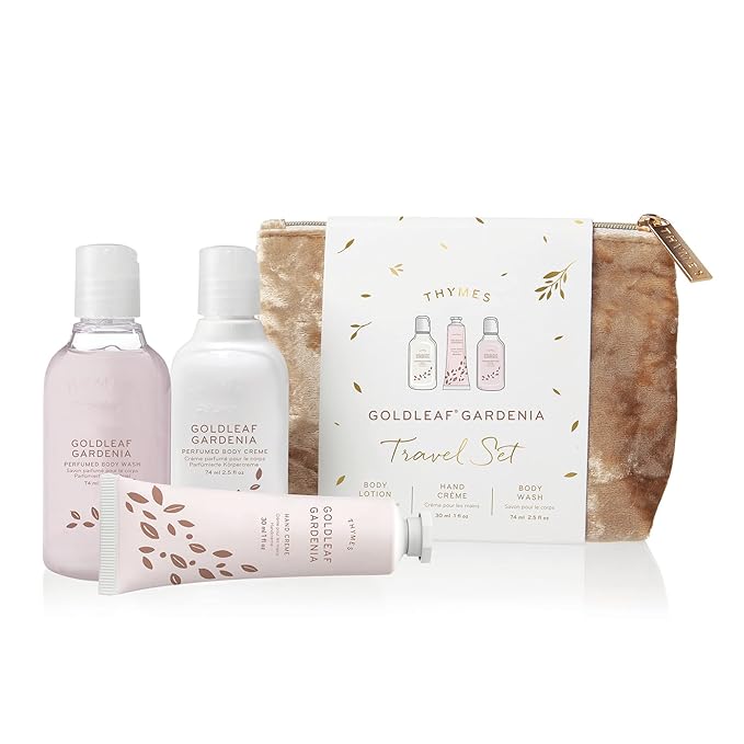 Thymes Perfumed Travel Set and Beauty Bag - Contains Body Wash, Body Lotion & Hand Cream - Goldleaf Gardenia