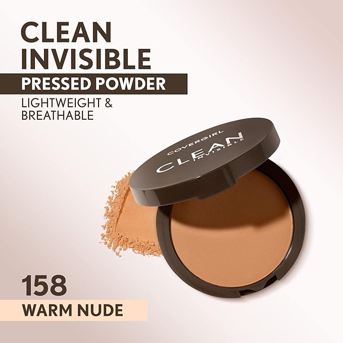 Covergirl Clean Invisible Pressed Powder, Lightweight, Breathable, Vegan Formula, Warm Nude 158, 0.38oz
