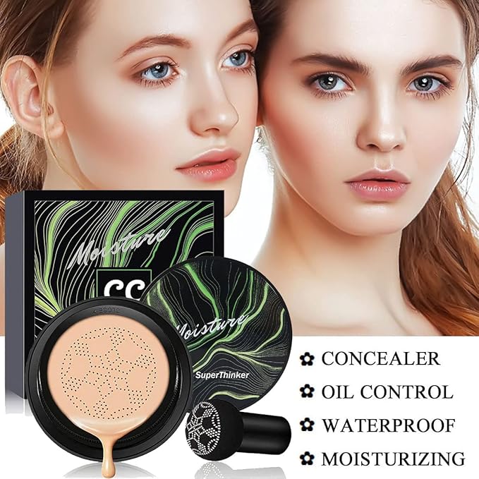 Air Cushion CC Cream Mushroom Head Foundation, Moisturizing BB Cream Makeup Long Lasting Matte Concealer (2 PCS Natural)