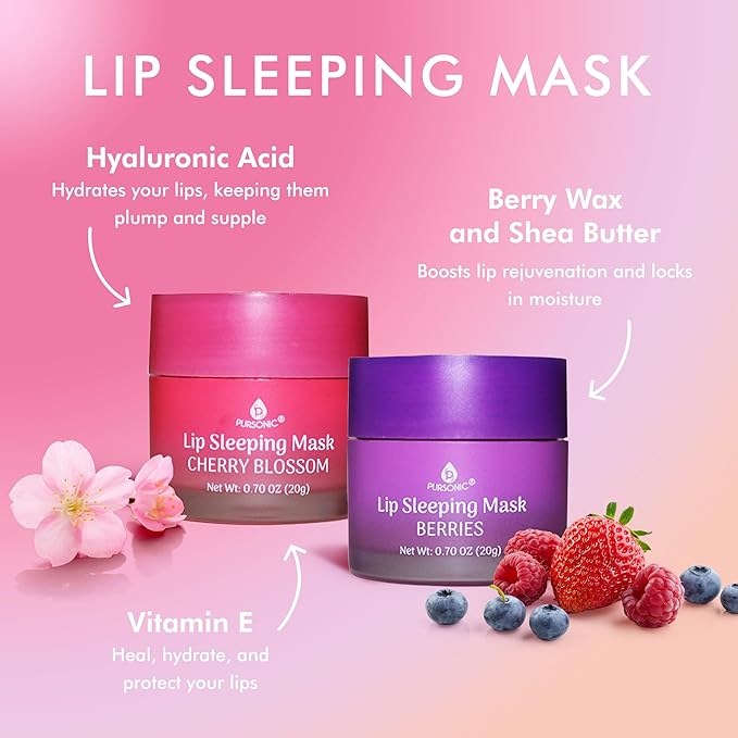 PURSONIC Lip Mask Overnight for Ultimate Lip Care - Hydrating Lip Moisturizer for Plump Lips Infused with Double Flavor Cherry Blossom and Berries - 2 Packs