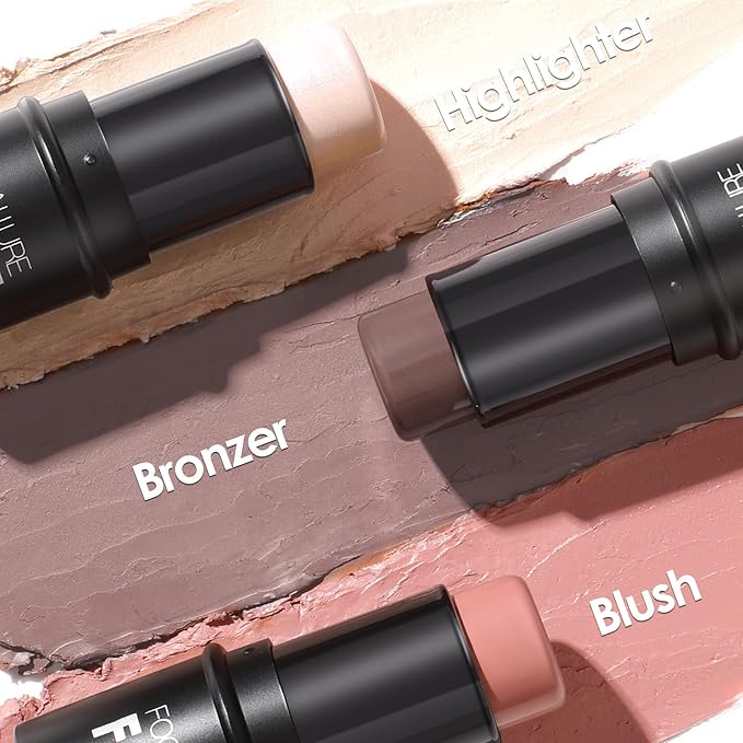 FOCALLURE 3 Pcs Cream Contour Sticks,Shades with Highlighter & Bronzer & Blush,Non-greasy Long-wear Face Contouring Pen,Easy to Sculpt the Face and Create a Lightweight Finishing Makeup,FAIR-LIGHT