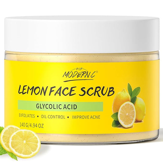 Lemon Face Scrub with Glycolic Acid Microdermabrasion Facial Scrub AHA Exfoliating for Women Men Safe Vegan Improves Acne Blackheads Soft Soothing without Irritation