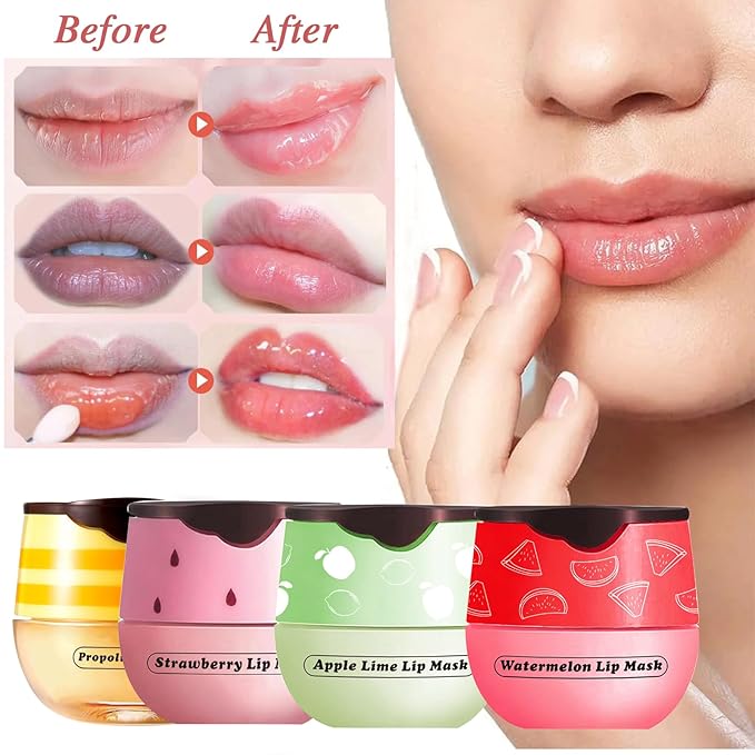 3 PCS Lip Balm Honey Pot, Honey & Apple Lime & Watermelem Lip Mask Vitamin E & Moisturizing Propolis Sleeping Lip Mask Prevention Dry and Cracked Lip Scrubs Exfoliator, Christmas Gifts