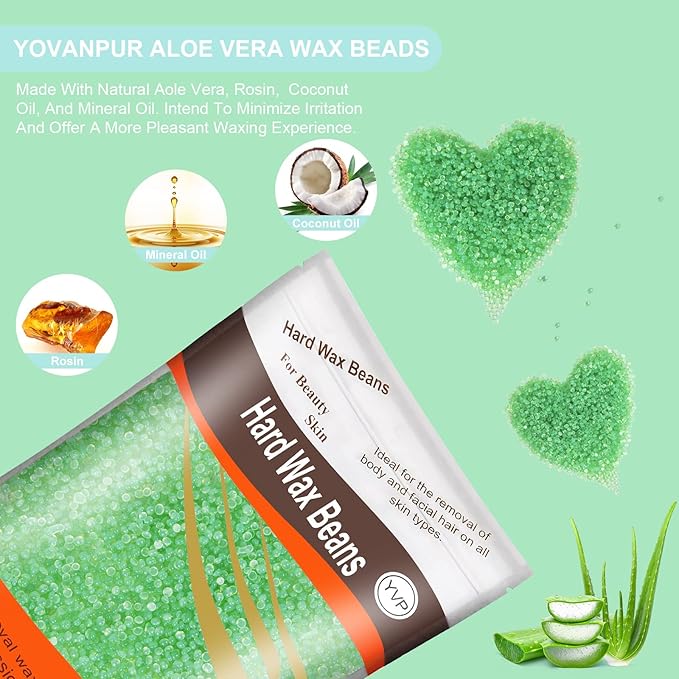 Hard Wax Beads for Brazilian Waxing, At Home Pearl Wax for Bikini, Face, Eyebrow, Legs - 300g (10 Oz) with 10 Wax Spatulas (Light Green-Aloe)