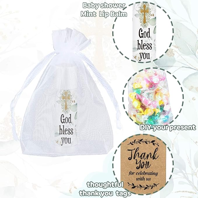 Demissle 50 Pcs Baby Shower Lip Balm Gift Set with 100 Pcs Organza Bags Baby Shower Party Favor for Guest Thank You Tag Rope Baby Shower Party Decoration Gender Reveal Souvenirs (God Bless You)
