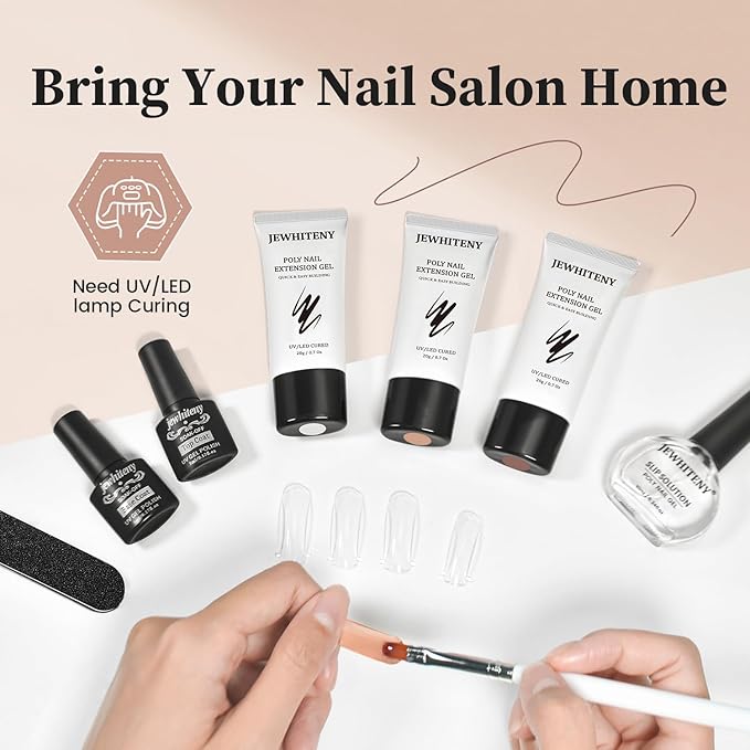 JEWHITENY Poly Nail Gel Set Clear Nude Brown Neutral Classic Color Base and Top Coat Slip Solution Poly Extension Gel With Acrylic Nail Builder Need U V Lamp Curing