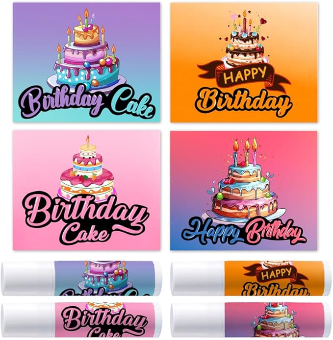 OLYCRAFT 100Pcs 4 Styles Lipstick Tag Stickers Birthday Cake Lip Balm Label Sticker 2.1x1.7 inch Self Adhesive Lipstick Labels with Happy Birthday for Lip Balm Container Tubes Wrapping Decorations
