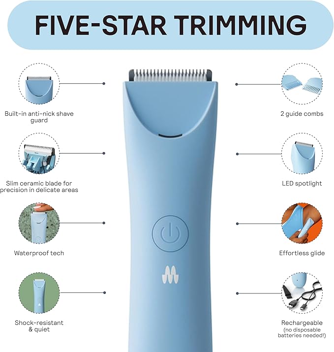 MERIDIAN Slimmer Trimmer – Electric Razor for Women, Bikini Line & Pubic Hair Trimmer, Rechargeable & Waterproof, Painless, Flawless Shave for Sensitive Skin, Gentle, Quiet & Travel-Friendly, Sky