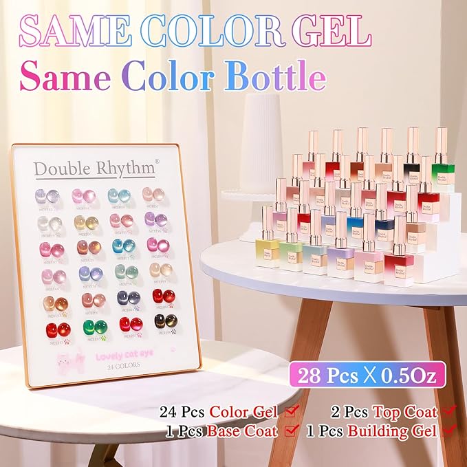 Double Rhythm 28Pcs 0.5Oz Cat Eye Gel Nail Polish Set Same Color Same Bottle Soak Off Magnetic Gel Polish Kit Nail Art Manicure Salon DIY at Home (Silver Gold Red Black-T24-7)
