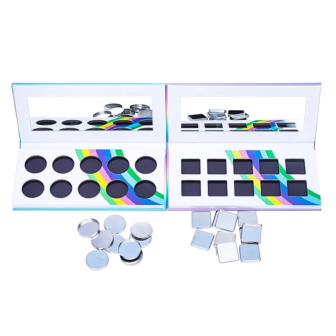 2PCS PU leather pastel sparkle empty magnetic palette with 10Pcs 26mm Round Metal Pans and 10Pcs 23mm square Metal Pans,DIY Eye Shadow makeup palette,elastic, flexible and lubricated, waterproof and easy to clean (Suit-1)