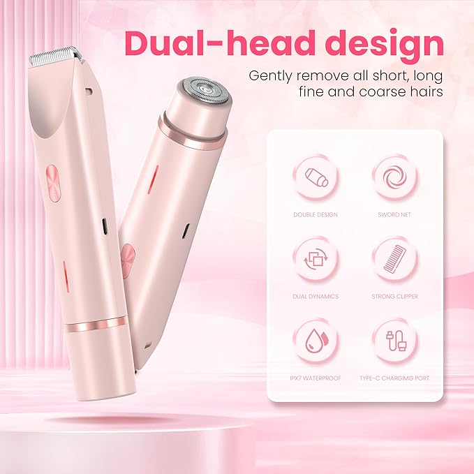 Bikini Trimmer for Women-2 in 1 Dual Head Electric Razors,USB Rechargeable Bikini Electric Shaver,IPX7 Waterproof Dry & Wet Use Body Hair Trimmer and Facial Hair Remover for Underarm Leg Body,Pink