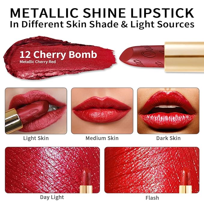 Oulac Red Lipstick Christmas Gifts for Women - Metallic 3D Shine Lightweight Hydrating Formula, High Impact Lip Color, Full Coverage Lip Makeup, Cherry Bomb(12)
