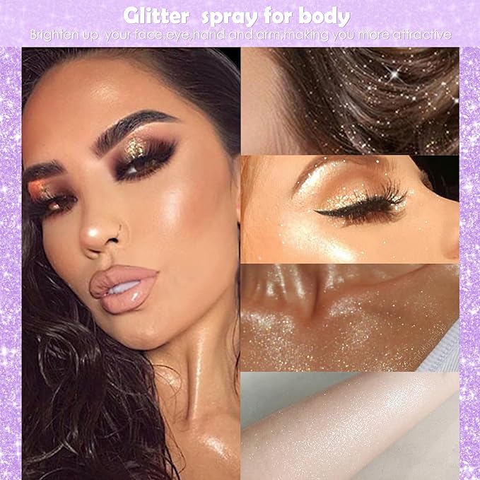 Yosca Highlighter Powder Spray, 20ML Cosmetic Grade Shimmer Powder Pink Glitter Spray Sparkle Highlighter Makeup Festival Concert Accessorise for Rave Clothes Hair Face Nail Art - Pinky Tulip