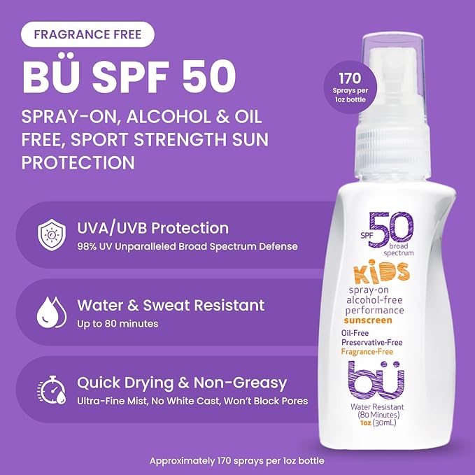 BU SPF 50 Kids Sunscreen Spray for Face and Body, Non Aerosol Spray, Fragrance Free, Clear, Non Greasy, Water Resistant, Fragrance Free 1 oz (3 Pack)