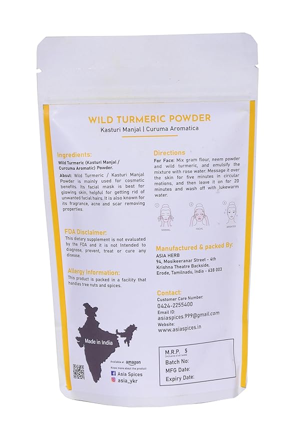 Asia Wild turmeric Powder by Asia | 100g /3.5 Oz | Kasturi Manjal | Curcuma Aromatica |100% Natural – Nothing external added | Preparing Turmeric Face Mask | For Face Packs & Face Mask