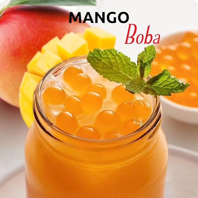 Fanale Mango Popping Boba Pearls, Vegan, Non GMO, Gluten Free, Fat Free, Perfect for Bubble Tea, Smoothies, Ice Cream, Desserts, and Beverages.