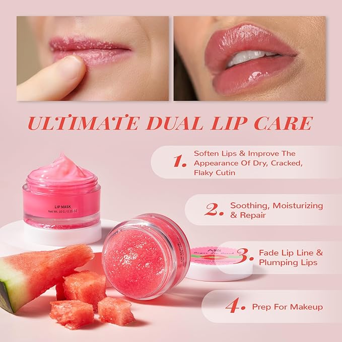 Lip Mask Set, Lip Scrub & Lip Butter, Overnight Lip Treatment Set Enriched With Skin Softening Ceramide & Watermelon and Hydrating Shea Butter, For A Softer & Smoother Pout