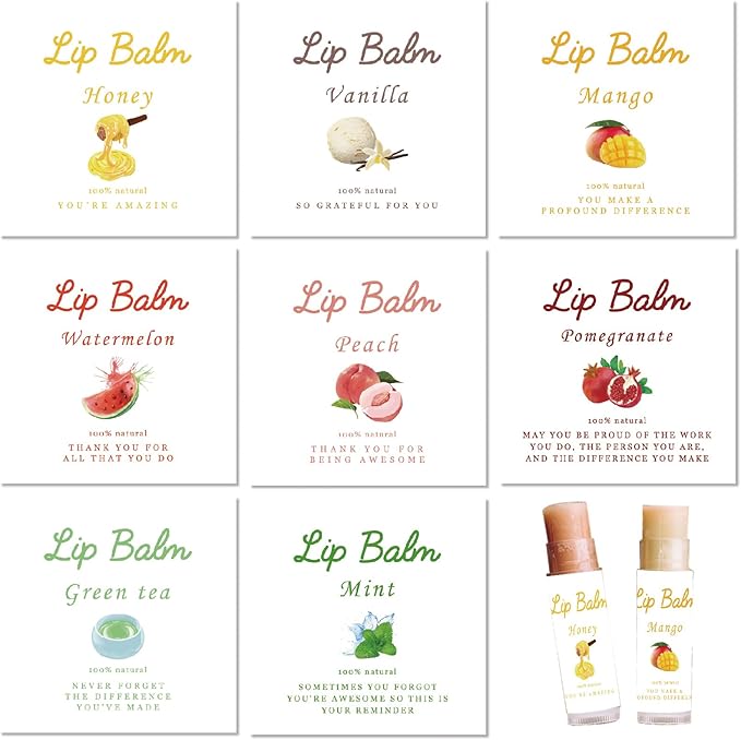 CRASPIRE 80Pcs 8 Styles Labels for Lip Balm Coated Paper Paster Honey Fruit Square Tubes Lip Balm Labels Stickers Natural Homemade Self-adhesive Stickers Logo for Containers Cosmetics Lipsticks