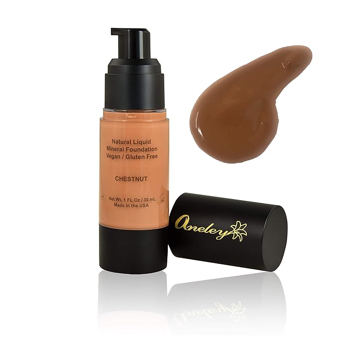 liquid mineral foundation organic natural vegan cruelty free chemical free full coverage aloe base highly pigmented lightweight formula acts as a moisturizer, sunblock and skin care (Chestnut)