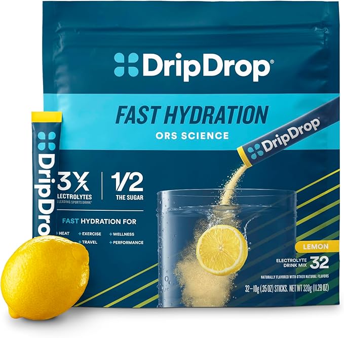 DripDrop Hydration Packets - Lemon - Single Serve Electrolytes Powder Drink Mix - Non-GMO, Gluten Free, Vegan - 32 Sticks