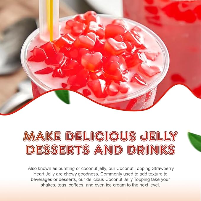 Fanale Coconut Jelly Topping nata de coco for Boba Tea | Ice Cream | Yogurt | Smoothie | Milk Tea | Desserts (Strawberry Heart Shaped, 6.6 lb) | JEL026